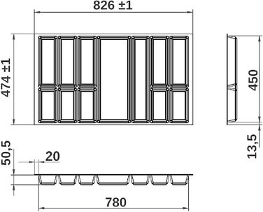 Лоток для столових приборів ORGA-BOX VII чорний 826x474 мм для кухонь Beeck, Siematic, Schröder, корпус 90 см