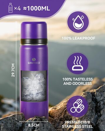 Термос-термокана з нержавіючої сталі SANTECO 1л, 500мл, 1000мл, з кришкою-чашкою, для дітей, спорту, без BPA, 24 год холод, 12 год гарячий (фіолетовий)