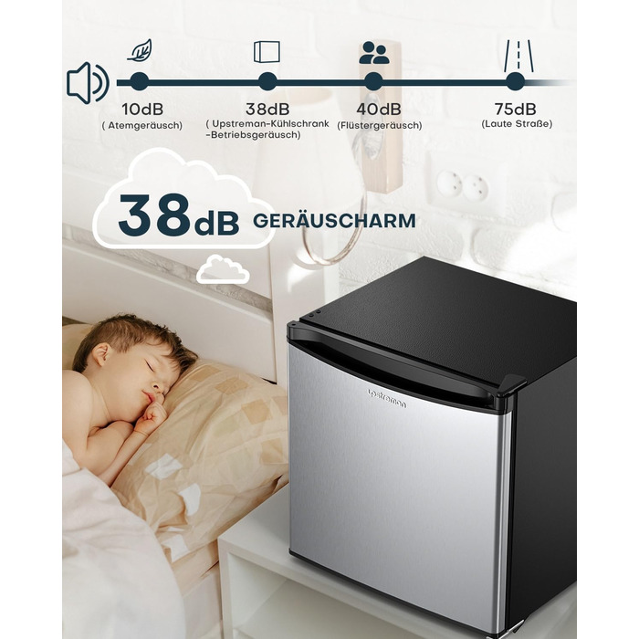 Upstreman 46L Mini Fridge with Freezer Compartment, Temperature Control, Energy Efficient, Quiet, 1-Door Beverage Refrigerator, Stainless Steel - FR17