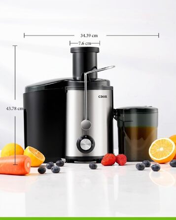 Центрифужна соковижималка GDOR 800W з широким горлом 76мм, сталева соковижималка для овочів та фруктів, 3 швидкості, BPA-free