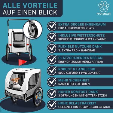 2-в-1: велосипедний причіп та візок для собак - для малих та великих собак до 40 кг. З безпечним ременем, відбивачами, дощем та прапором.