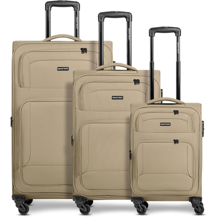 Набір валізак Smartbox (3 шт.) для жінок та чоловіків | Легкі та міцні валізи-ролери, якісний softcase, 4 колеса та кодовий замок | Розширювані | Бежевий колір