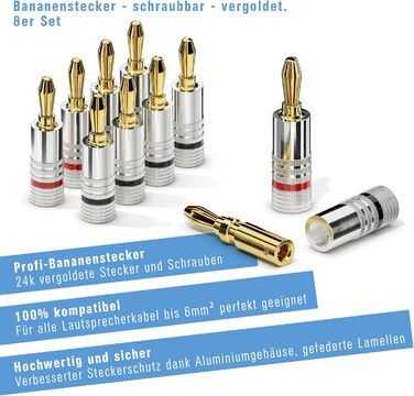 Бананові конектори Sonero® для акустичних кабелів (до 6 мм²), 4 шт. з кольоровим кодуванням (12x червоний, 12x чорний), 24K позолота (8 шт., High-End, комплект з 10 метрів кабелю 2x1.50 мм²)