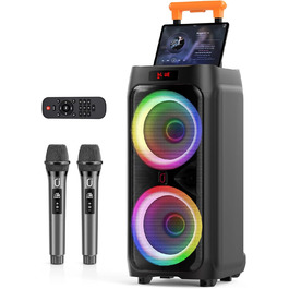 Караоке машина HWWR T9 з 2 мікрофонами, Bluetooth, RGB-підсвічуванням, TF/USB, AUX, Rec. Партійна колонка для дому та вечірок. Підтримка TWS, AUX, USB, TF, Rec. Чорний колір.