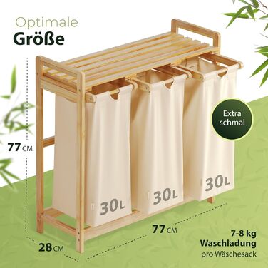AMBIAVO® Laundry Hamper Beige – Laundry Basket with 3 Compartments and Shelf, 90L – Bamboo Laundry Sorter & Dirty Laundry Container – Laundry Basket with Shelf – Laundry Sorting System for Order in Your Household