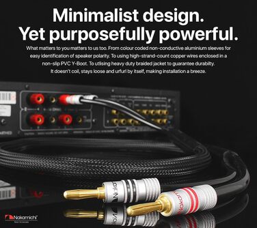 Акустичний кабель Nakamichi 12AWG з банановими роз'ємами 24K золото, 3м, безкиснева мідь (OFC), в обплетенні, для домашнього кінотеатру та підсилювача — Чорний