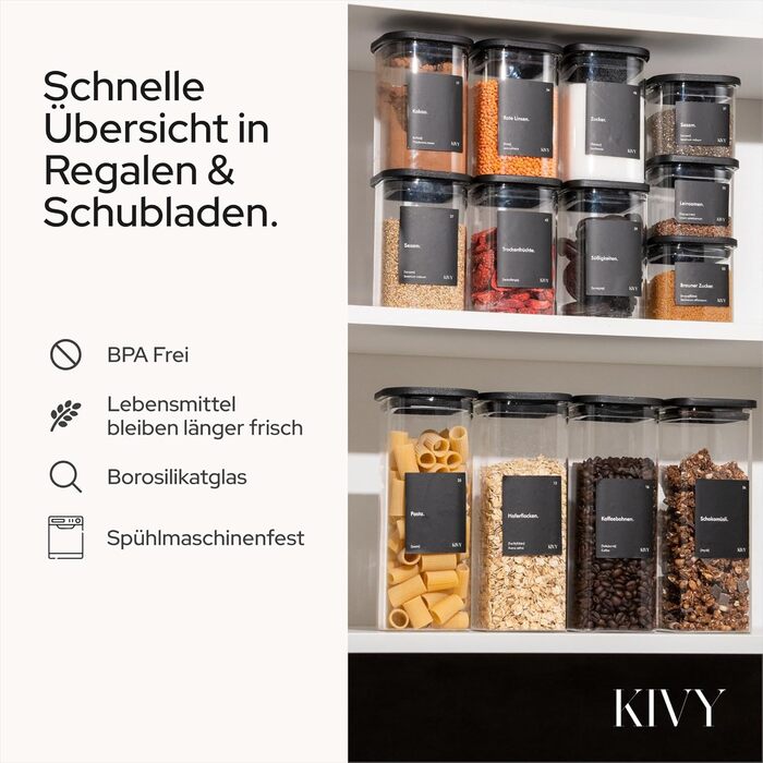 12 шт. скляні контейнери для зберігання KIVY – чорні, повітряно-непроникні, з кришкою