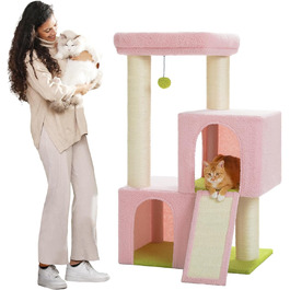 PETEPELA Scratching Post with Dual Condos for Apartment Cats, All-in-One Cat House with Padded Perch, Scratch Ramp and Posts, and Replaceable Balls (Pink, L 113cm)