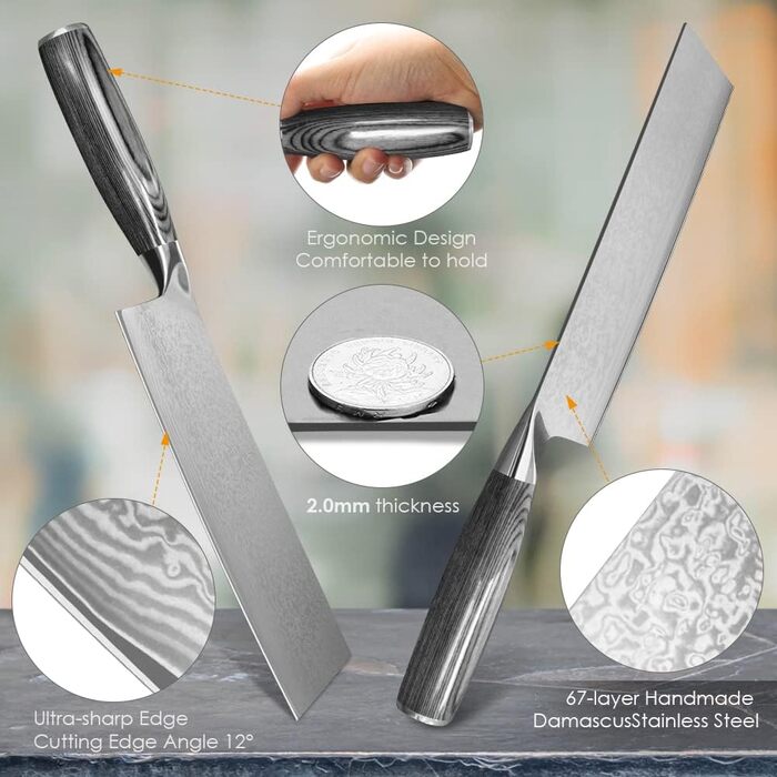 Набір кухонних ножів Damast: професійний ніж для м'яса, ніж шеф-кухаря, ручна робота, з нержавіючої сталі Damast, з антиковзним дерев'яним руків'ям, подарункова коробка