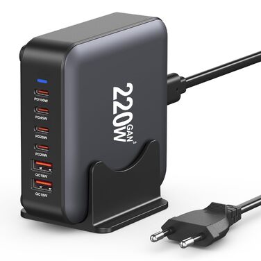 Зарядний пристрій USB-C 200W, 8 портів, GaN адаптер для MacBook Air/iPad/iPhone 15/16/Galaxy S23 - Чорний