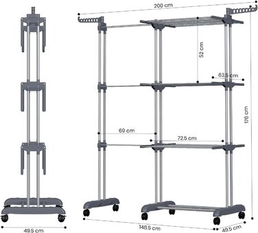 Сушарка для білизни Oak & Tea Tower, 83-200 см, з висувними крилами, XXL, 4 яруси, на коліщатках, для дому та вулиці, сіра