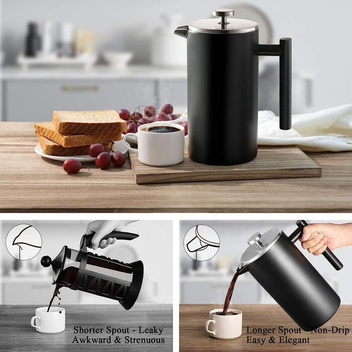 Make Large French Press Coffee Maker, Double Insulated 304 Stainless Steel French Press with 3 Extra Filters, 1.5 Liter Stainless Steel Coffee Machine (1500ml, Black) 1500ml Black