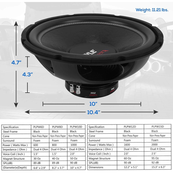 Сабвуфер Pyle PLPW10D 1000 Вт, 25,4 см, подвійна котушка, 4 Ом