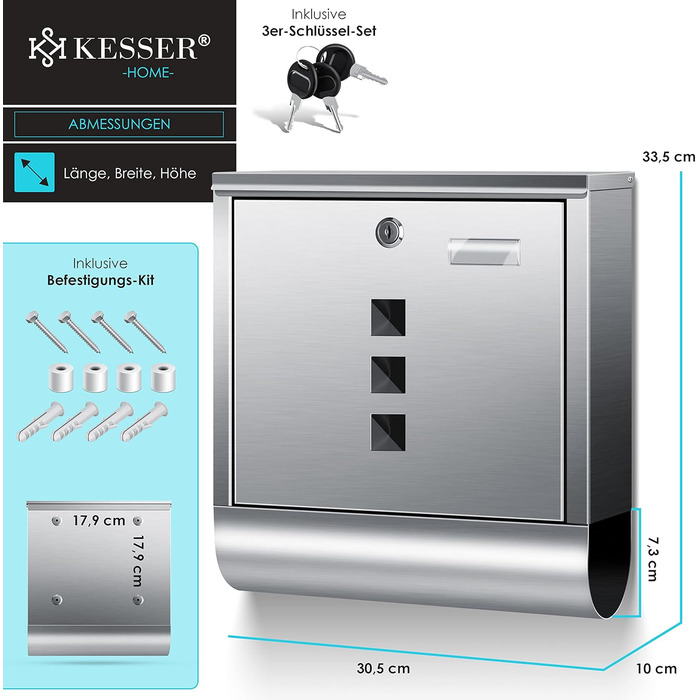 Поштова скринька KESSER® з газетницею та табличкою для імені, нержавіюча сталь, полірована, з оглядовим вікном, замок на 3 ключі, порошкове покриття, для настінного монтажу, велика, срібляста + матеріал для монтажу