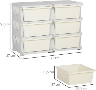 HOMCOM Kids' Chest of Drawers with Storage Boxes, Toy Organizer, Toy Box, Three Tiers for Kids' Rooms, 3-6 Years, Children's Furniture, 37 x 37 x 56.5 cm (75L x 37W x 56.5H cm, Cream White)