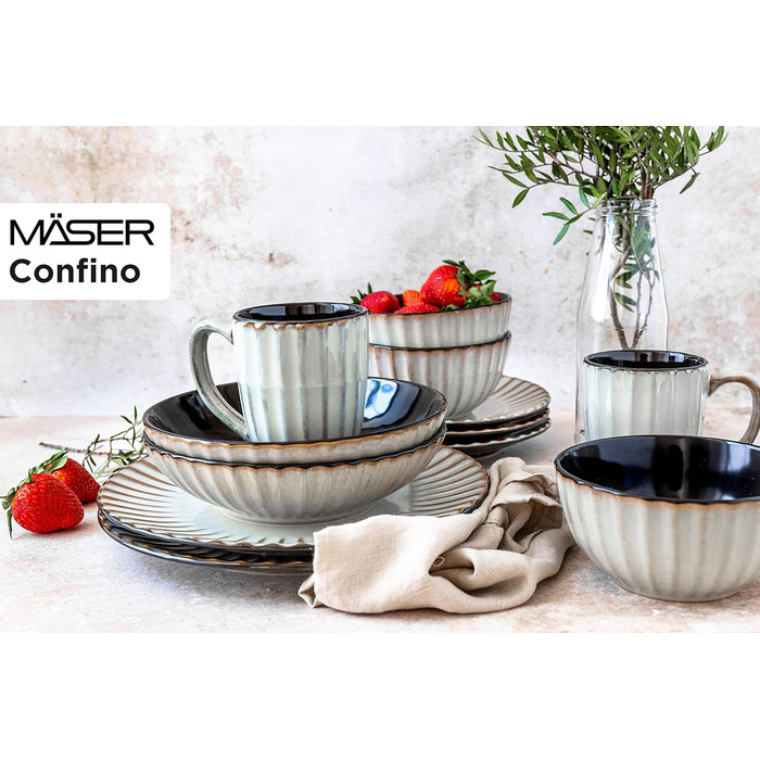 MÄSER Confino Dinnerware Set - 20 Piece Ceramic Tableware Set for 4 - Beige & Black Vintage Style Stoneware