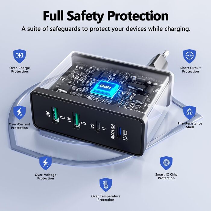 Зарядний пристрій USB-C 50W, 5 портів: 2 USB-C та 3 USB-A, PD 3.0, Fast Charge для iPhone, Samsung, телефонів, планшетів (Срібний)