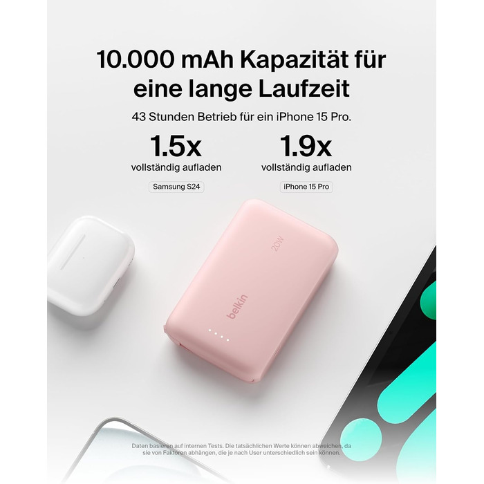 Повербанк Belkin BoostCharge 10000mAh з вбудованим кабелем USB-C, 20W, LED-індикатором, рожевий