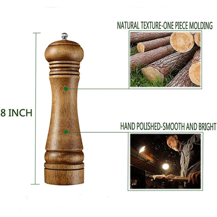 Salt and pepper mill set, wooden pepper mill, salt and pepper mill set, manual mills, solid with adjustable ceramic grinding mechanisms, 2 pieces, 8 inches (I 2 Vintage Colors)