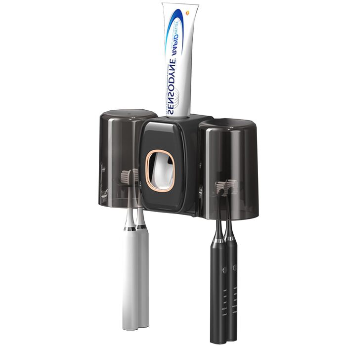 Настінний тримач для зубних щіток з автоматичним дозатором пасти, електричний для 4 щіток, 2 стаканчики, без свердління (чорний)