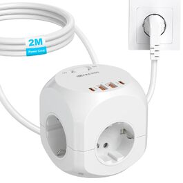Блок розеток з USB-C, 4 розетки, плоский штекер, індивідуальне вмикання, багаторозетка-куб з 2м плетеним кабелем для офісу, дому, подорожей - білий 002-MF (4 розетки 2м)