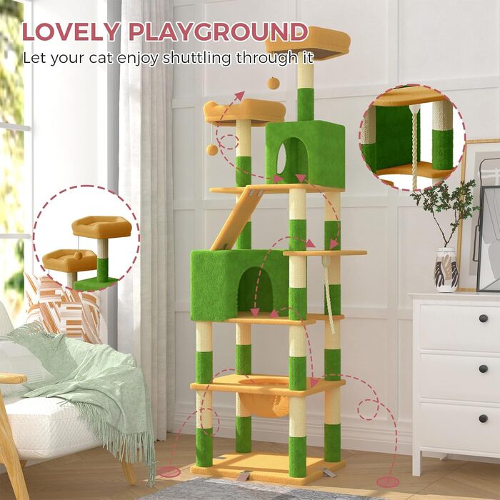 Великий котячий комплекс Kratzbaum 208 см з 3 анти-нахилом, 15 стовпчиками для дряпання, 2 платформами, 2 ховалами, 1 рампою для дряпання та гамаком. Стабільний котячий будиночок для великих котів (зелений + жовтий)