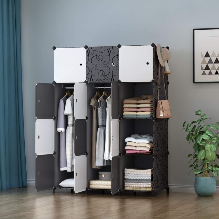 HOMIDEC Closet, Portable Storage System, 20-Cube Plastic Closet with 2 Clothes Rods, Bedroom Closet Wardrobe White for Bedroom, 180 x 142 x 45cm (12 cube, White & Black)