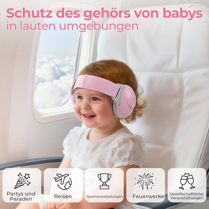 Дитячі навушники для захисту від шуму, регульовані, 0-48 місяців, сертифіковані CE та ANSI, 25 dB, для літаків, сну, рожеві