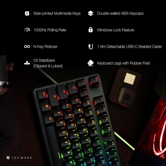 Механічна клавіатура TECWARE Phantom+ 87 клавіш RGB (Чорна) з перемикачами Wraith Red (лінійні, 45g)