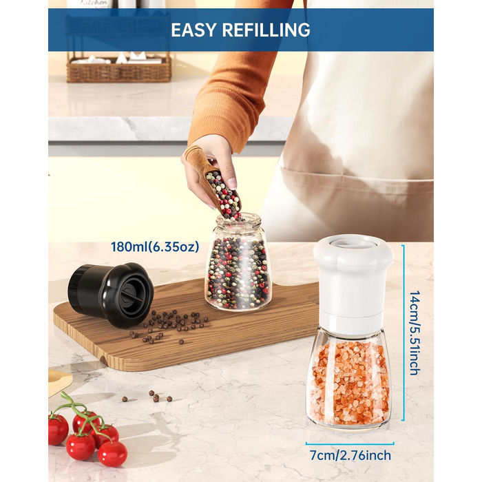 Набір ручних мельниць для солі та перцю CIRCLE JOY для професійних кухарів, наповнювані солі та перечниці з керамічними лезами, регульована ступінь помелу та BPA-free скляні контейнери об'ємом 180 мл, чорно-білий набір