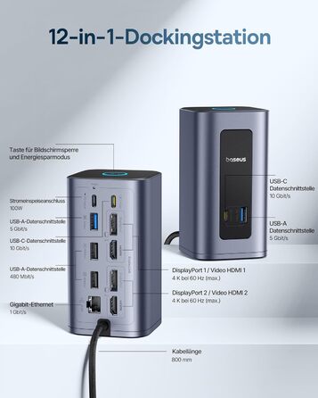 Базаус Док-станція USB-C 12-в-1, сумісна з Dell/HP/Lenovo/Asus/Acer/Mac, 2 монітори 4K HDMI, 10Gbps USB-C/A, 100W PD, Gigabit Ethernet