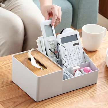 Tissue Box, Tissue Holder Box, Multifunctional Tissue Holder with Stylish Remote Control Desk, Cosmetic Tissue Box for Office Bedroom Car (B grey)