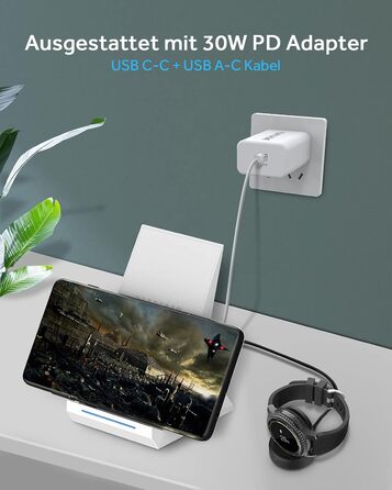 Бездротовий зарядний пристрій NANAMI 30W USB-C з індукційним підсвічуванням, 2-в-1 для iPhone та Samsung