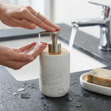 Набір для ванної кімнати 4 предмети з піддоном - мильничка, дозатор для мила (цинковий сплав), стакан для зубних щіток, поличка - мармуровий дизайн, бамбук - сучасний органайзер (Набір 3 Marble)