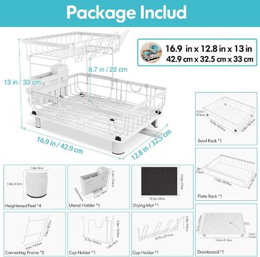 Сушарка для посуду MAJALiS 2-ярусна з піддоном та килимком, з тримачем для кухонного приладдя, чорна, нержавіюча сталь