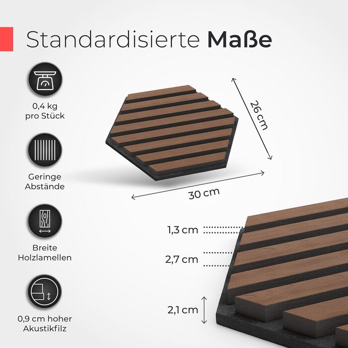 Акустичні панелі з натурального горіха самоклеючі, гексагон 30x26 см, набір 9 шт, чорний акустичний фетр, 3D панелі для шумоізоляції та оздоблення стін