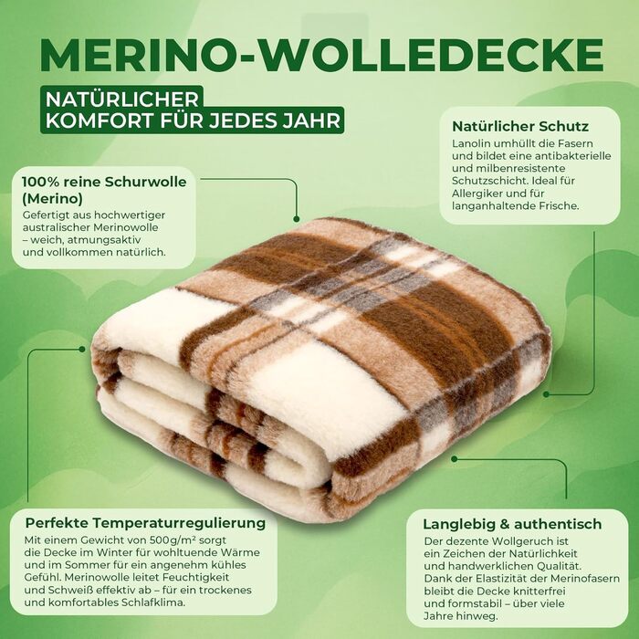 Плед з мериносової вовни, 240x200 см - теплий та м'який плед з 100% вовни мериноса, великий та пухнастий, вага 500 г/м², дихаючий матеріал, коричневий