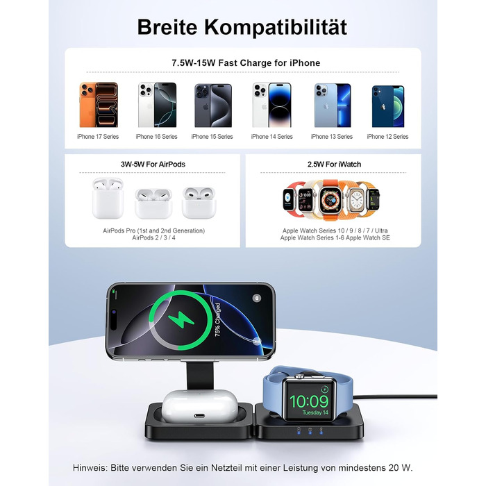 Бездротова зарядна станція 3 в 1 ADADPU MagSafe для iPhone 17/16/15/14/13/12, чорна