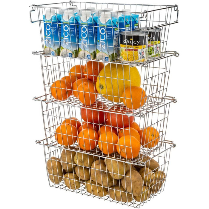 SANNO Freezer Storage Baskets, Stackable, for Pantry, Storage and Organization, Stackable, Potato and Onion Storage Containers, Metal Storage Baskets, 4 Pack
