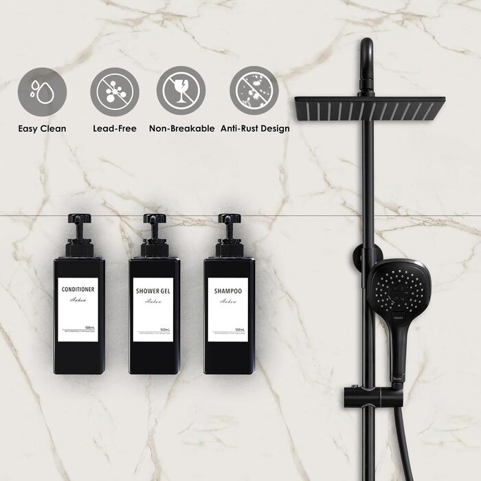 Настінний диспенсер для мила Anhow 3er PETG, 500 мл, чорний, без свердління, з 16 вологостійкими етикетками для кухні/ванної кімнати