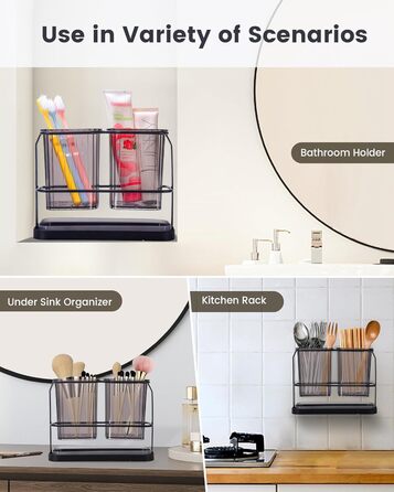 KONE Toothbrush Holder, Wall Mount, Bathroom, Hanging Electric Toothbrush Holder with 2 Removable Compartments, Drainage, Dry and Wet Separation for Bathroom, Kitchen, Family (White) (Black)