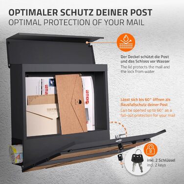 Поштовий ящик ML-Design Anthrazit/Ефект дерева Дуб, сталь, 37x37x11 см. Сучасний настінний поштовий ящик з газетницею, з замком та 2 ключами.