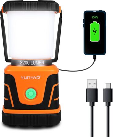 LED Camping Lantern, Rechargeable, 2200 lm, 4 Light Modes, 4400 mAh Power Bank, IP44 Waterproof, Camping Light, Portable Flashlight for Storm, Emergency, Home, USB Cable Included