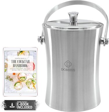 2.0L Premium Ice Cube Container with Lid and Tongs | Stainless Steel Champagne Cooler Insulated Double-Walled Stainless Steel Ice Container with Carrying Handle | Silver Matte