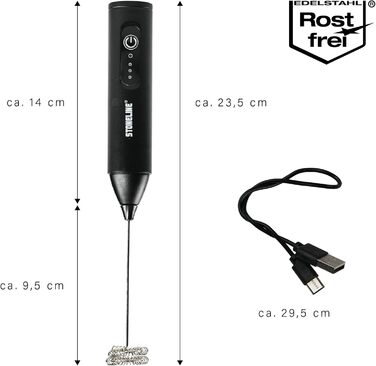 Електричний пінозмішувач STONELINE USB-C: 3 режими, міксер з нержавіючої сталі, подвійний пружинний механізм, для кави, капучино, коктейлів, чорний