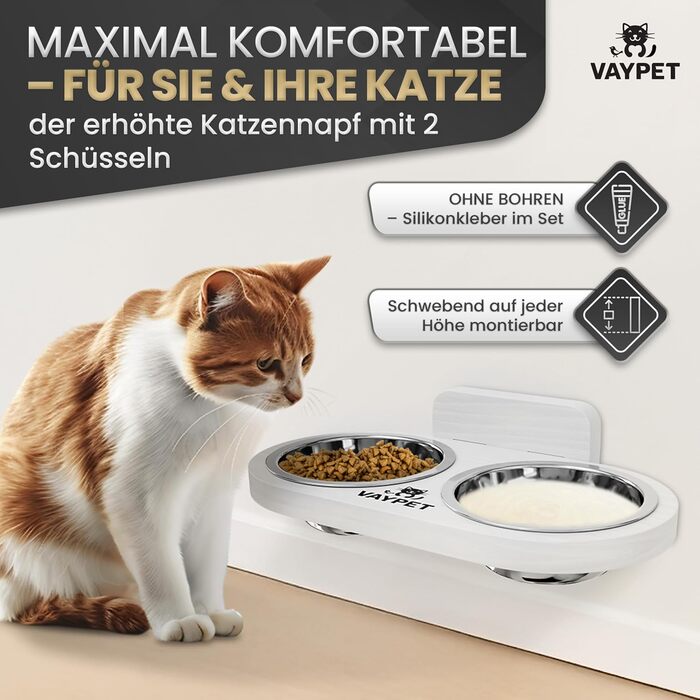 Підвищений годівниця для котів Doppel-Katzennapf: зручний, без свердління, з нержавіючої сталі (білий)