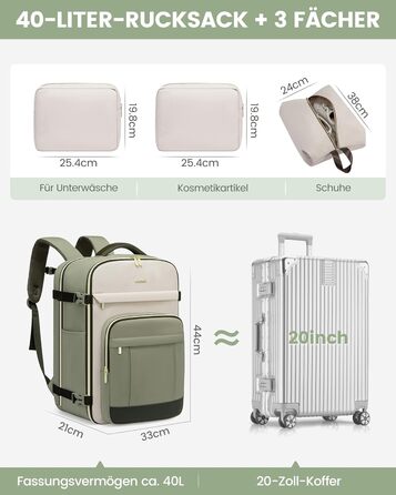 Рюкзак LOVEVOOK для подорожей: 40L, для ноутбука 17 дюймів, водонепроникний, для жінок, підходить для авіаперельотів, робочі поїздки, бізнес, вихідні. Колір: хакі (світло-зелено-бежево-оливковий)