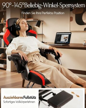 Ігровий крісло Dowinx з масажем, ергономічний дизайн, підтримка попереку та шиї, до 135 кг, шкіра, для дорослих (червоний)