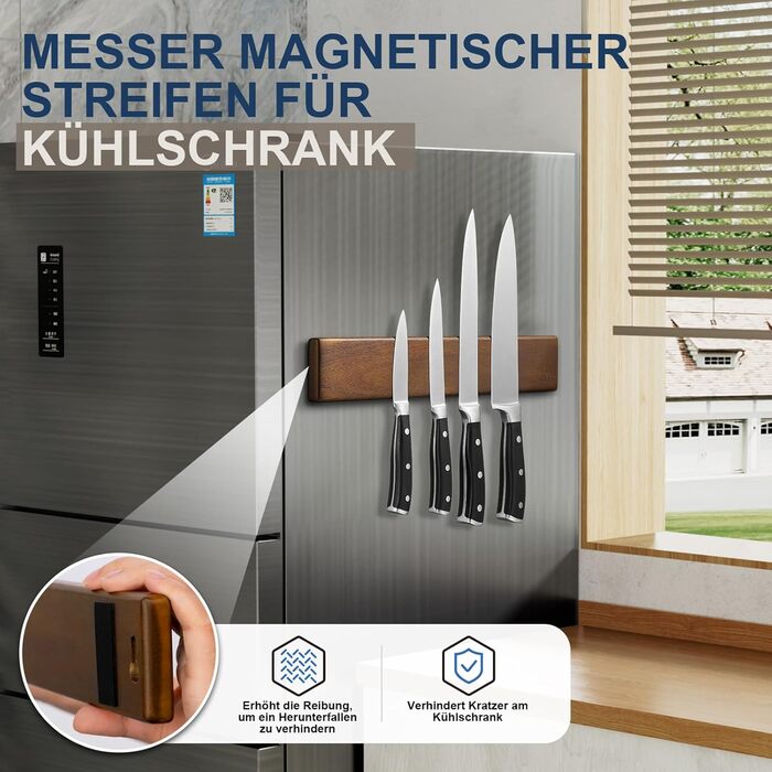 ENOKING Magnetic Knife Rail 40 cm, Magnetic Knife Block without Knives, Magnetic Knife Holder made of Acacia Wood with 4 Hooks