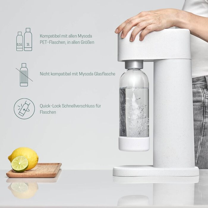MySoda: Набір Woody - Газована вода з дерев'яного композиту, BPA-free пляшка Quick-Lock та CO2 балон (Білий)